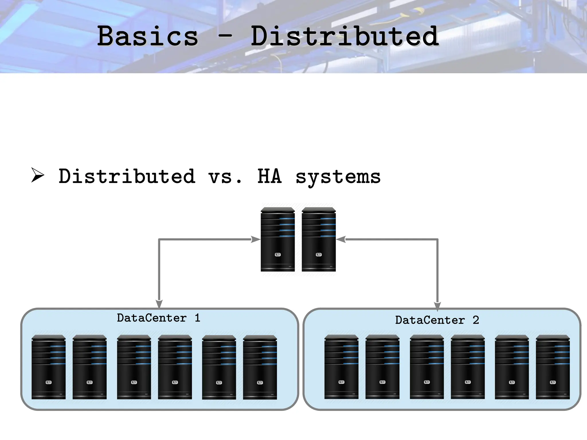 Basics - Distributed
Basics - Distributed
➢ Distributed vs. HA systems
DataCenter 1 DataCenter 2
 