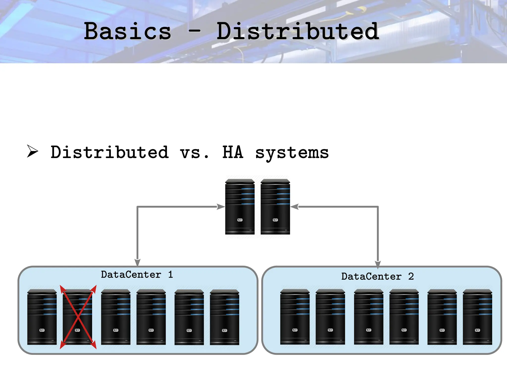 Basics - Distributed
Basics - Distributed
➢ Distributed vs. HA systems
DataCenter 1 DataCenter 2
 