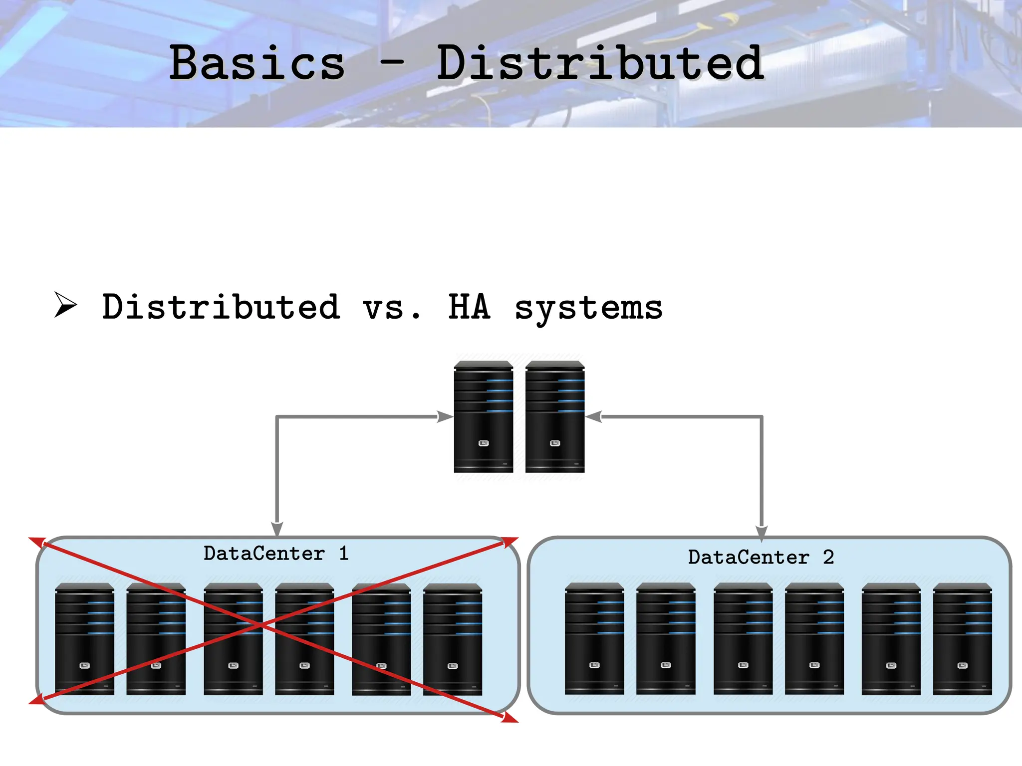 Basics - Distributed
Basics - Distributed
➢ Distributed vs. HA systems
DataCenter 1 DataCenter 2
 