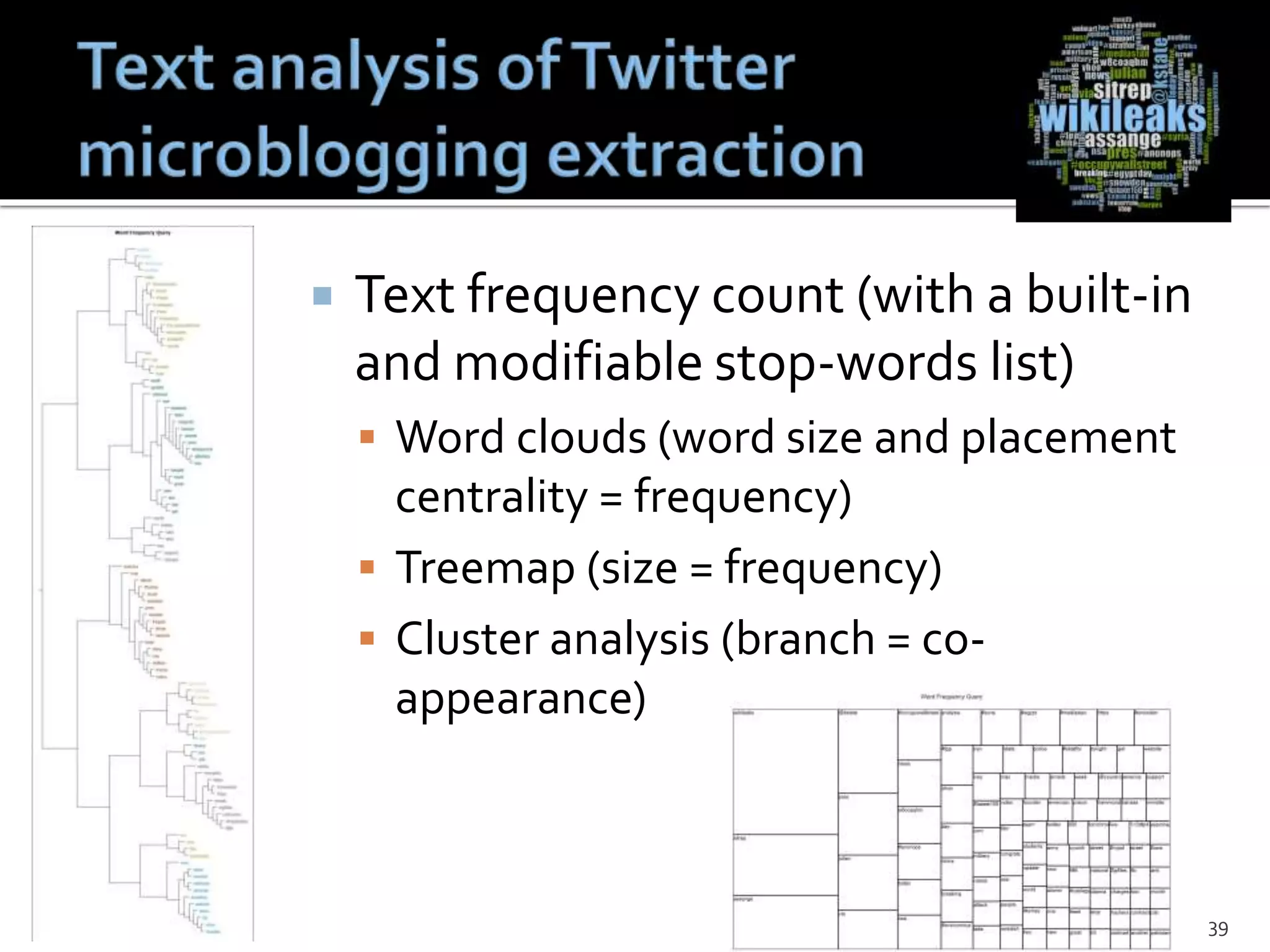  Text frequency count (with a built-in
and modifiable stop-words list)
 Word clouds (word size and placement
centrality = frequency)
 Treemap (size = frequency)
 Cluster analysis (branch = co-
appearance)
39
 
