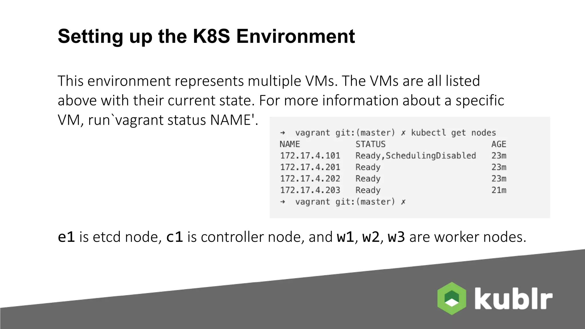 Setting up the K8S Environment This environment represents multiple VMs. The VMs are all listed above with their current state. For more information about a specific VM, run`vagrant status NAME'. e1 is etcd node, c1 is controller node, and w1, w2, w3 are worker nodes. 