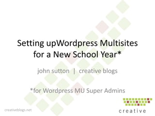 Setting upWordpressMultisites  for a New School Year* john sutton  |  creative blogs  *for Wordpress MU Super Admins creativeblogs.net 