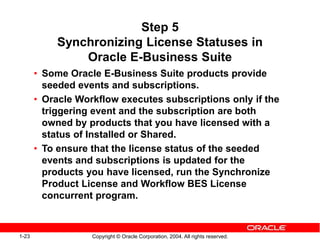 1-23 Copyright © Oracle Corporation, 2004. All rights reserved.
Step 5
Synchronizing License Statuses in
Oracle E-Business Suite
• Some Oracle E-Business Suite products provide
seeded events and subscriptions.
• Oracle Workflow executes subscriptions only if the
triggering event and the subscription are both
owned by products that you have licensed with a
status of Installed or Shared.
• To ensure that the license status of the seeded
events and subscriptions is updated for the
products you have licensed, run the Synchronize
Product License and Workflow BES License
concurrent program.
 