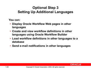 1-28 Copyright © Oracle Corporation, 2004. All rights reserved.
Optional Step 3
Setting Up Additional Languages
You can:
• Display Oracle Workflow Web pages in other
languages
• Create and view workflow definitions in other
languages using Oracle Workflow Builder
• Load workflow definitions in other languages to a
database
• Send e-mail notifications in other languages
 
