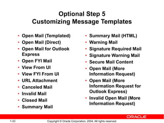 1-33 Copyright © Oracle Corporation, 2004. All rights reserved.
Optional Step 5
Customizing Message Templates
• Open Mail (Templated)
• Open Mail (Direct)
• Open Mail for Outlook
Express
• Open FYI Mail
• View From UI
• View FYI From UI
• URL Attachment
• Canceled Mail
• Invalid Mail
• Closed Mail
• Summary Mail
• Summary Mail (HTML)
• Warning Mail
• Signature Required Mail
• Signature Warning Mail
• Secure Mail Content
• Open Mail (More
Information Request)
• Open Mail (More
Information Request for
Outlook Express)
• Invalid Open Mail (More
Information Request)
 