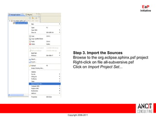 Copyright 2006-2011 E a P initiative Step 3. Import the Sources Browse to the org.eclipse.sphinx.psf project Right-click on file all-subversive.psf  Click on  Import Project Set...   