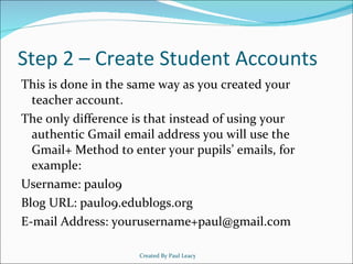 Setting up student accounts (edublogs)