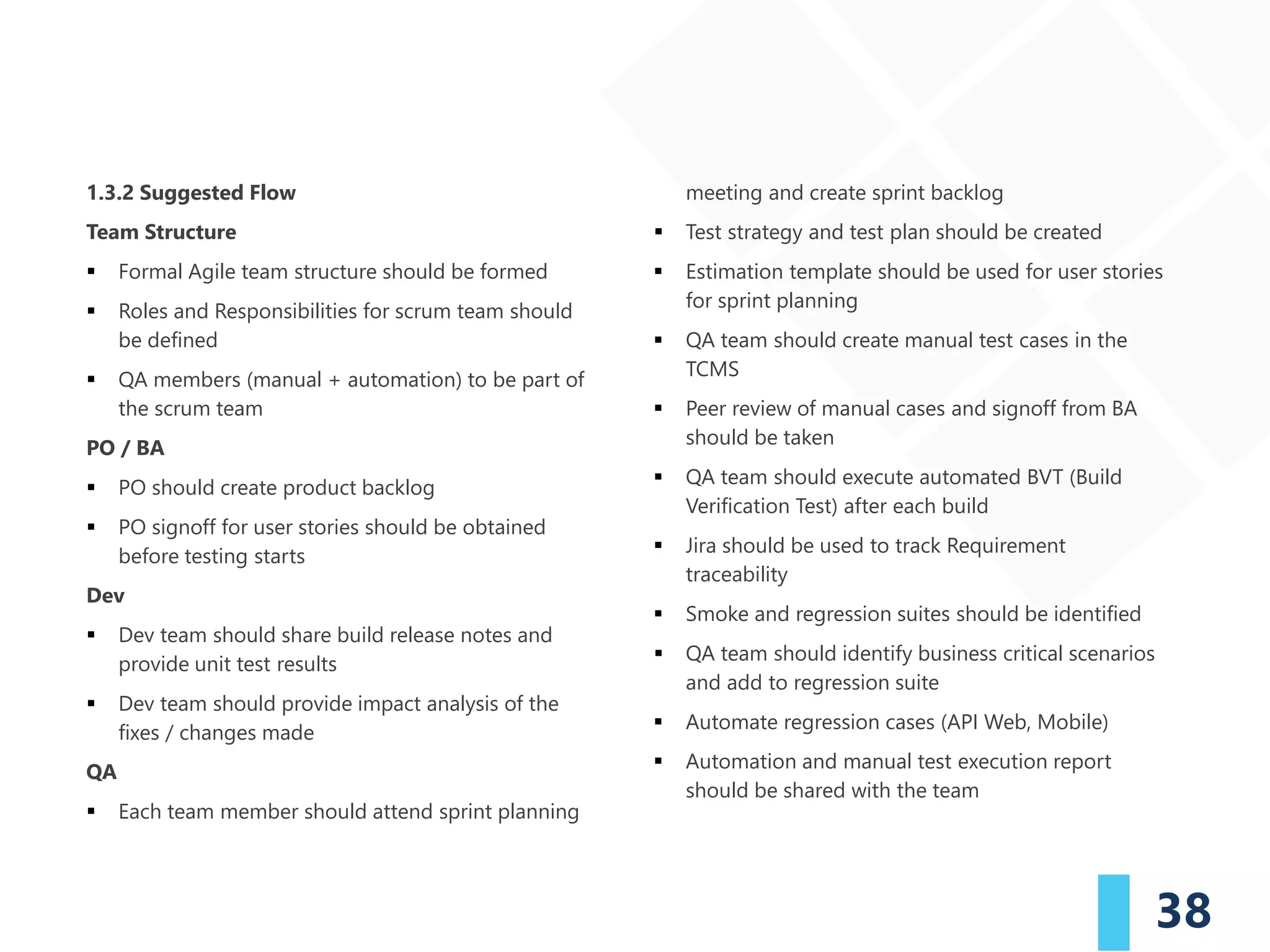 38
1.3.2 Suggested Flow
Team Structure
▪ Formal Agile team structure should be formed
▪ Roles and Responsibilities for scrum team should
be defined
▪ QA members (manual + automation) to be part of
the scrum team
PO / BA
▪ PO should create product backlog
▪ PO signoff for user stories should be obtained
before testing starts
Dev
▪ Dev team should share build release notes and
provide unit test results
▪ Dev team should provide impact analysis of the
fixes / changes made
QA
▪ Each team member should attend sprint planning
meeting and create sprint backlog
▪ Test strategy and test plan should be created
▪ Estimation template should be used for user stories
for sprint planning
▪ QA team should create manual test cases in the
TCMS
▪ Peer review of manual cases and signoff from BA
should be taken
▪ QA team should execute automated BVT (Build
Verification Test) after each build
▪ Jira should be used to track Requirement
traceability
▪ Smoke and regression suites should be identified
▪ QA team should identify business critical scenarios
and add to regression suite
▪ Automate regression cases (API Web, Mobile)
▪ Automation and manual test execution report
should be shared with the team
 