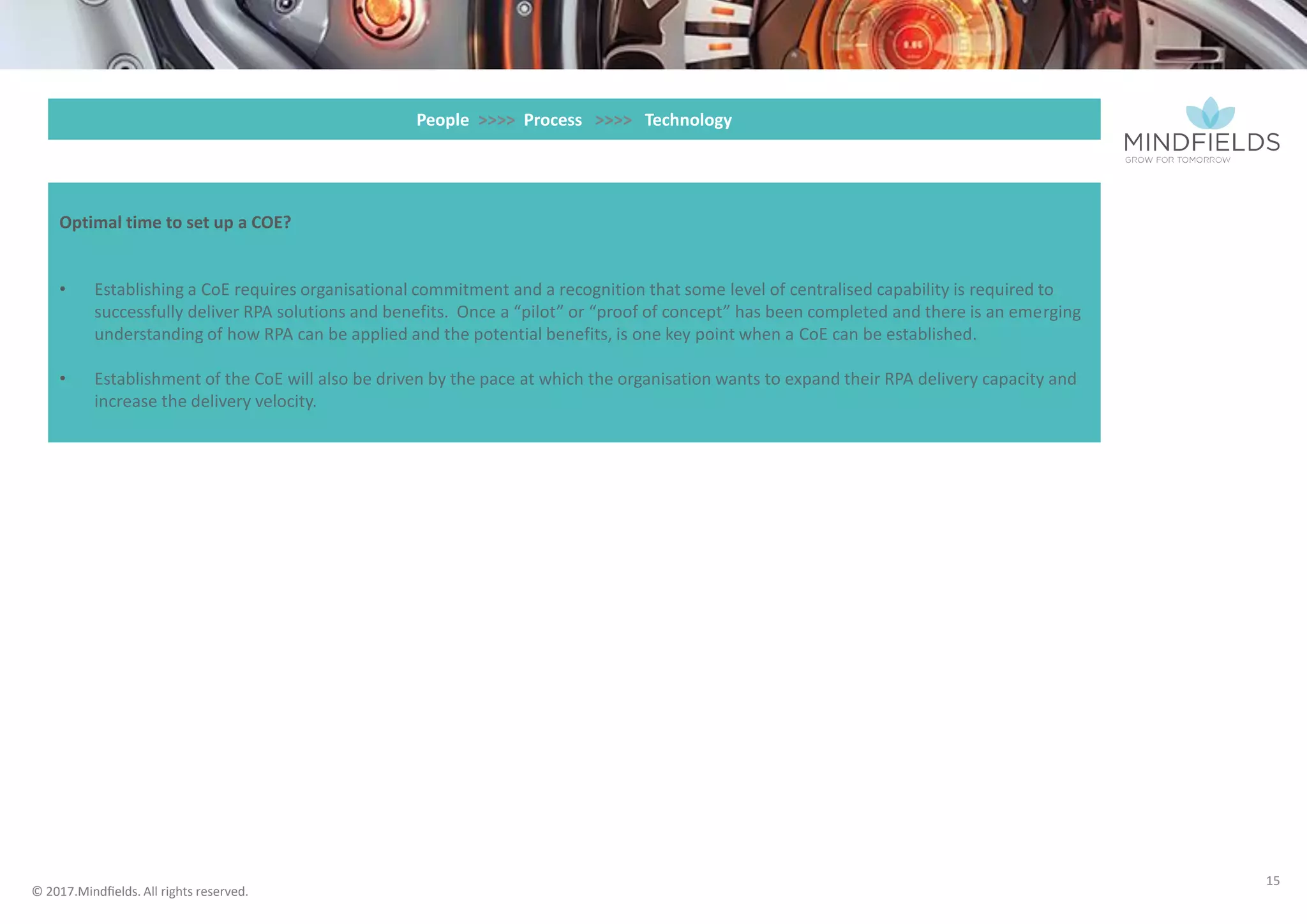 © 2017 Mindﬁelds. All rights reserved.
15
People >>>> Process >>>> Technology
 