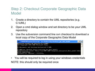 Step 2: Checkout Corporate Geographic Data
Model
1. Create a directory to contain the UML repositories (e.g.
C:UML)
2. Open a cmd dialog window and set directory to be your UML
repository
3. Use the subversion command line svn checkout to download a
local copy of the Corporate Geographic Data Model
• You will be required to log in using your windows credentials
NOTE: this should only be required once
 