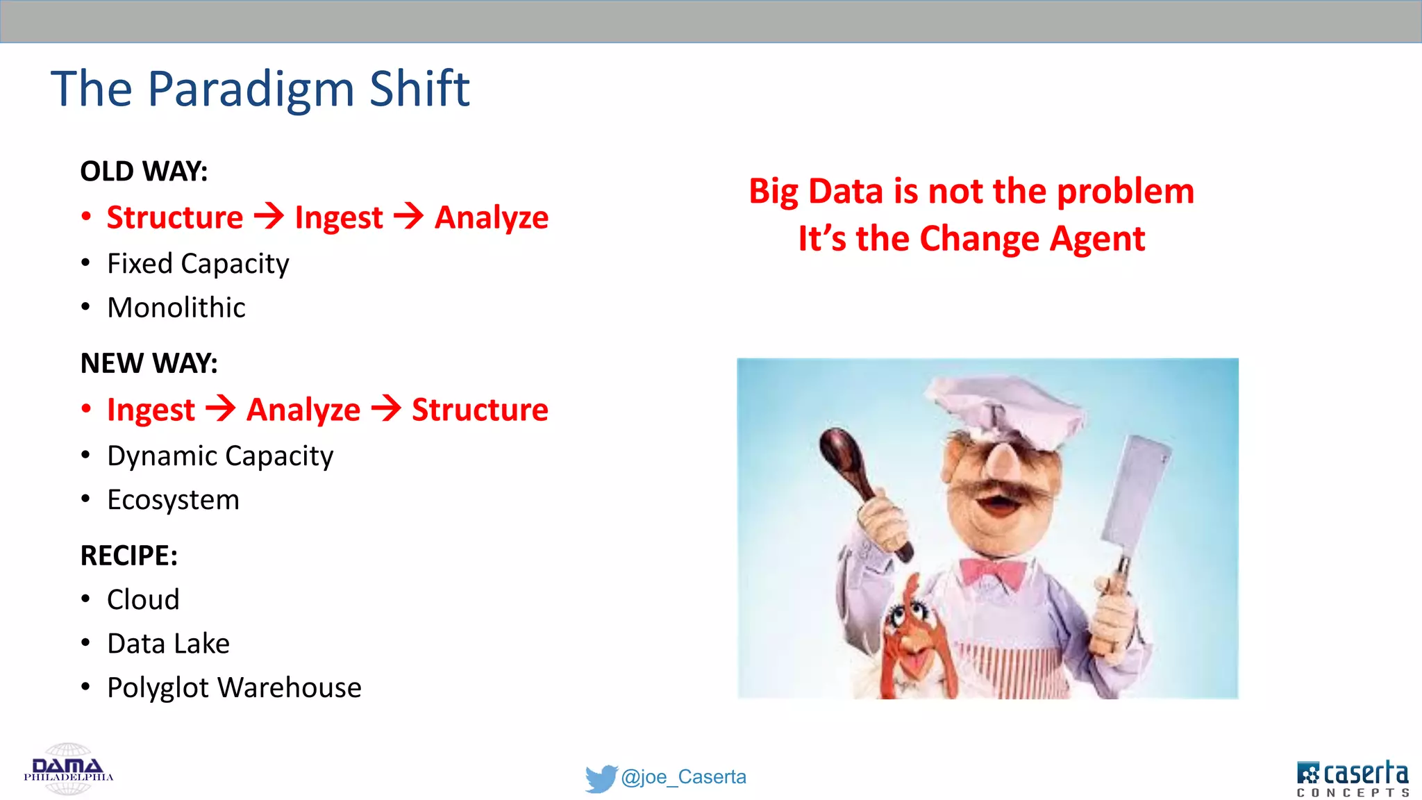 @joe_CasertaPhiladelphia
OLD WAY:
• Structure  Ingest  Analyze
• Fixed Capacity
• Monolithic
NEW WAY:
• Ingest  Analyze  Structure
• Dynamic Capacity
• Ecosystem
RECIPE:
• Cloud
• Data Lake
• Polyglot Warehouse
The Paradigm Shift
Big Data is not the problem
It’s the Change Agent
 