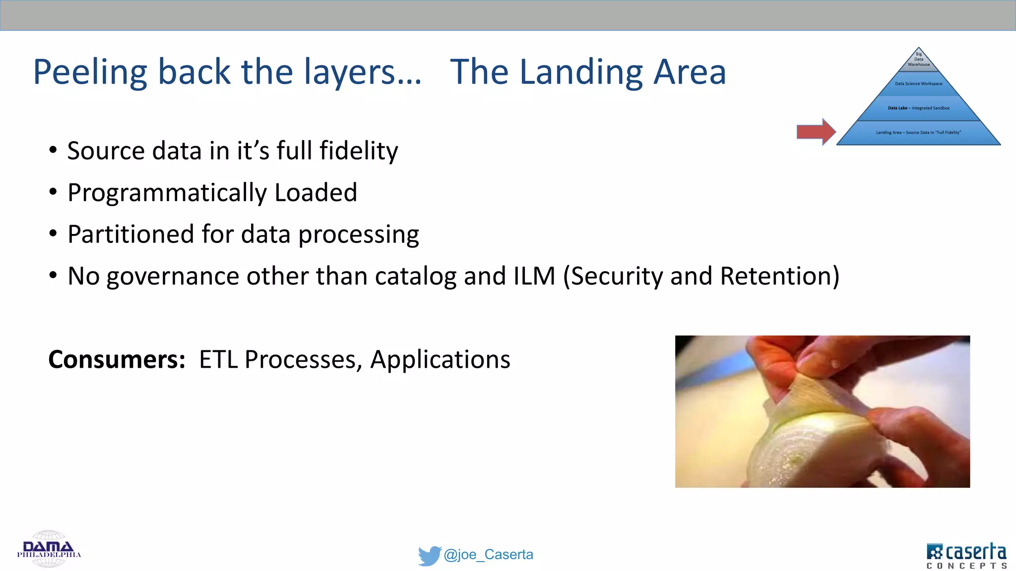 @joe_CasertaPhiladelphia
Peeling back the layers… The Landing Area
• Source data in it’s full fidelity
• Programmatically Loaded
• Partitioned for data processing
• No governance other than catalog and ILM (Security and Retention)
Consumers: ETL Processes, Applications
 