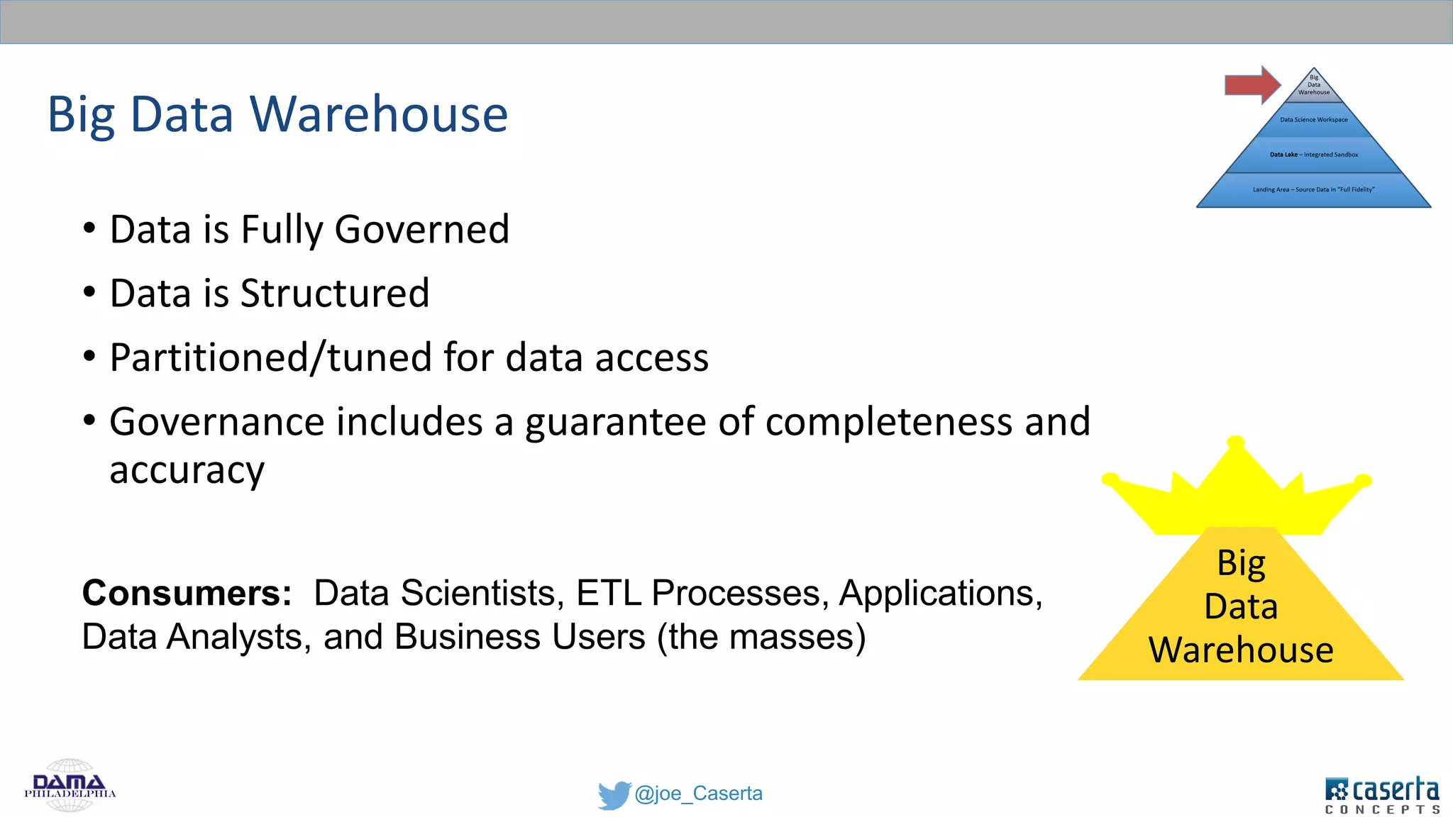 @joe_CasertaPhiladelphia
Big Data Warehouse
• Data is Fully Governed
• Data is Structured
• Partitioned/tuned for data access
• Governance includes a guarantee of completeness and
accuracy
Big
Data
Warehouse
Consumers: Data Scientists, ETL Processes, Applications,
Data Analysts, and Business Users (the masses)
 