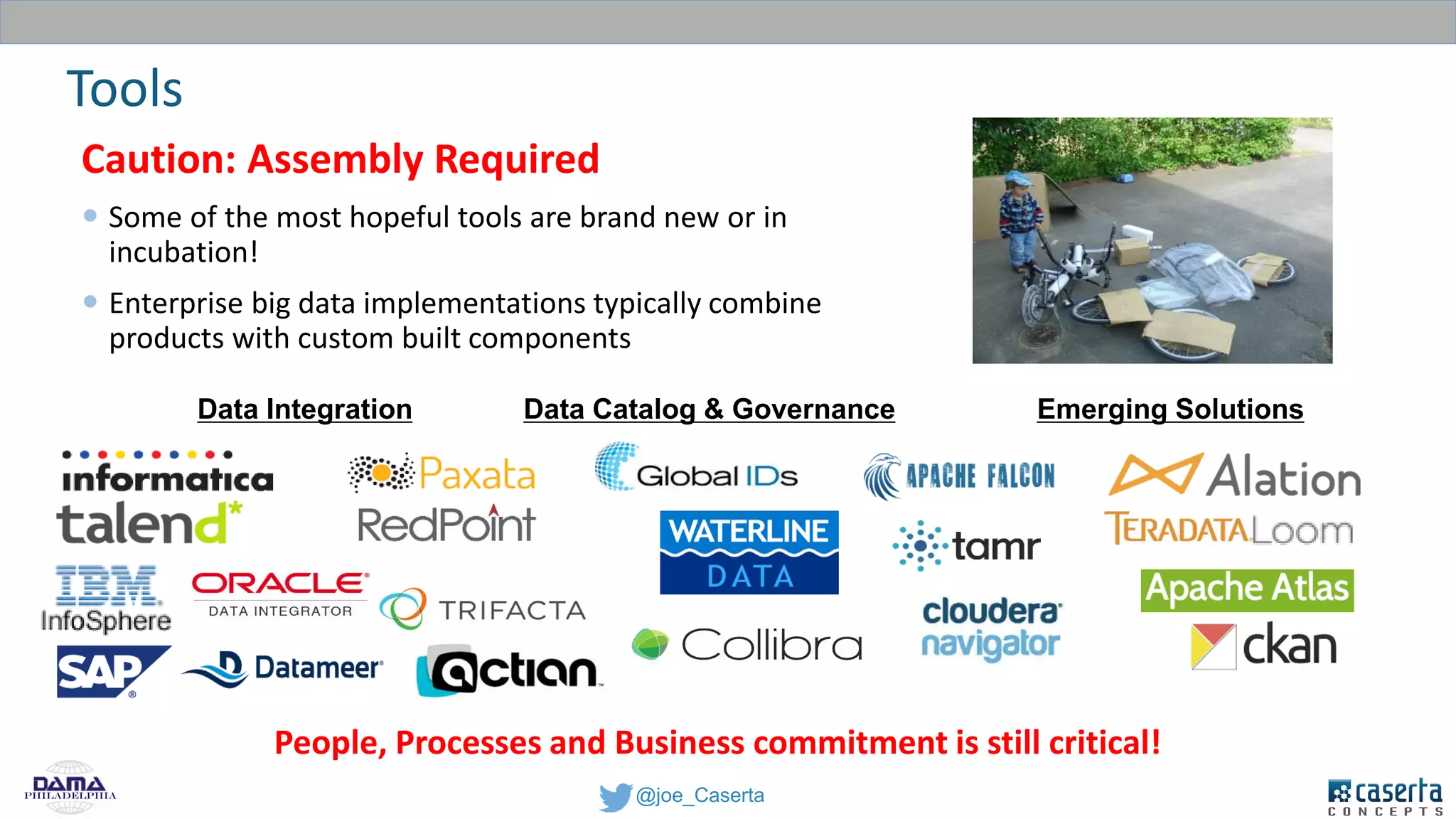 @joe_CasertaPhiladelphia
Caution: Assembly Required
 Some of the most hopeful tools are brand new or in
incubation!
 Enterprise big data implementations typically combine
products with custom built components
Tools
People, Processes and Business commitment is still critical!
Data Integration Data Catalog & Governance Emerging Solutions
 