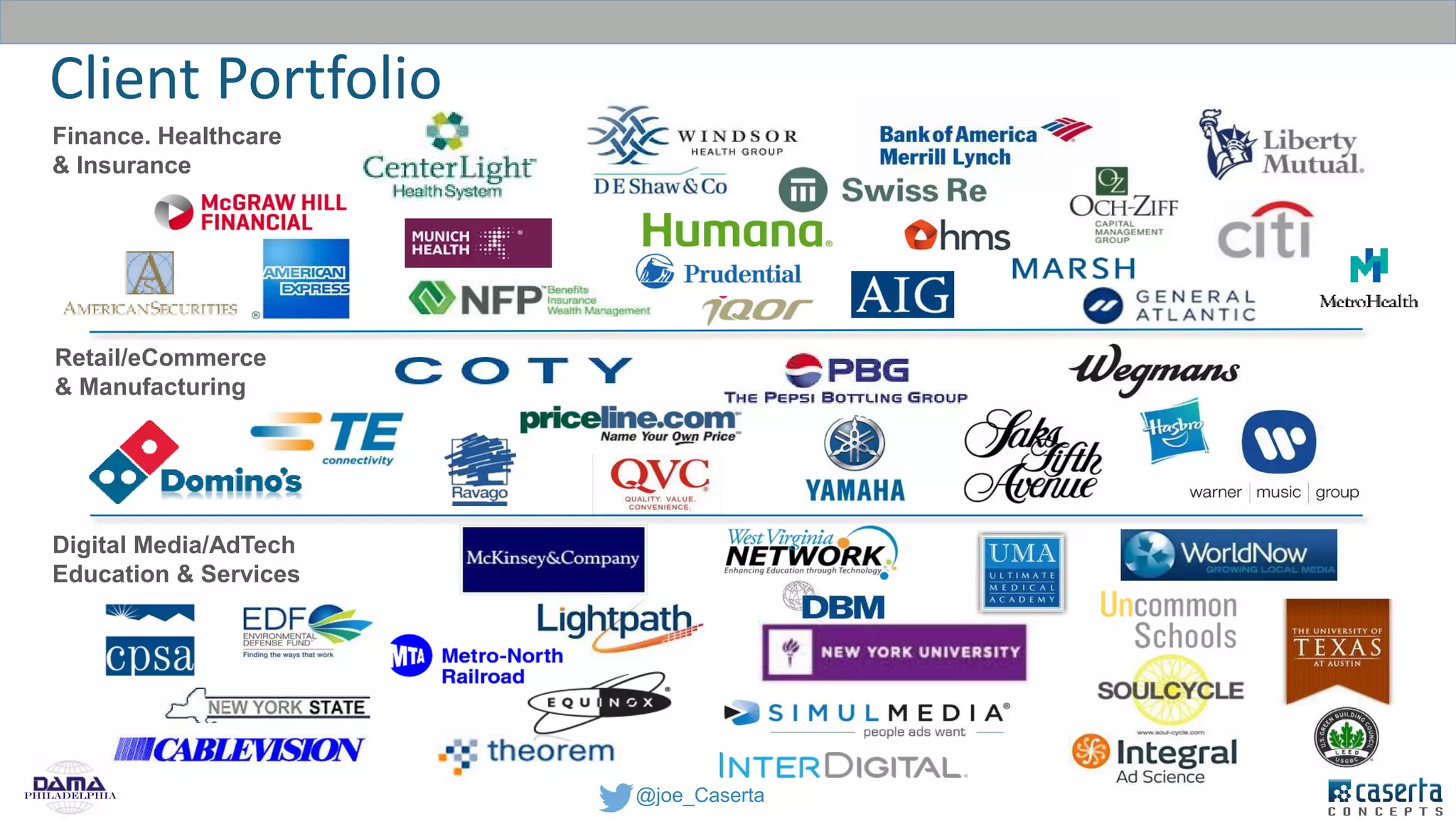 @joe_CasertaPhiladelphia
Client Portfolio
Retail/eCommerce
& Manufacturing
Digital Media/AdTech
Education & Services
Finance. Healthcare
& Insurance
 