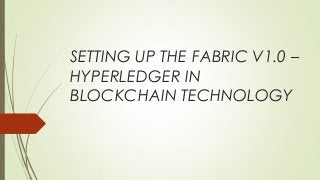 SETTING UP THE FABRIC V1.0 –
HYPERLEDGER IN
BLOCKCHAIN TECHNOLOGY
 
