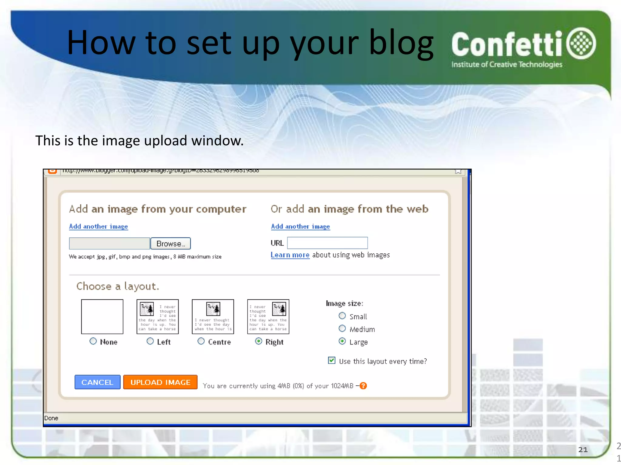 How to set up your blogThis is the image upload window. 2121