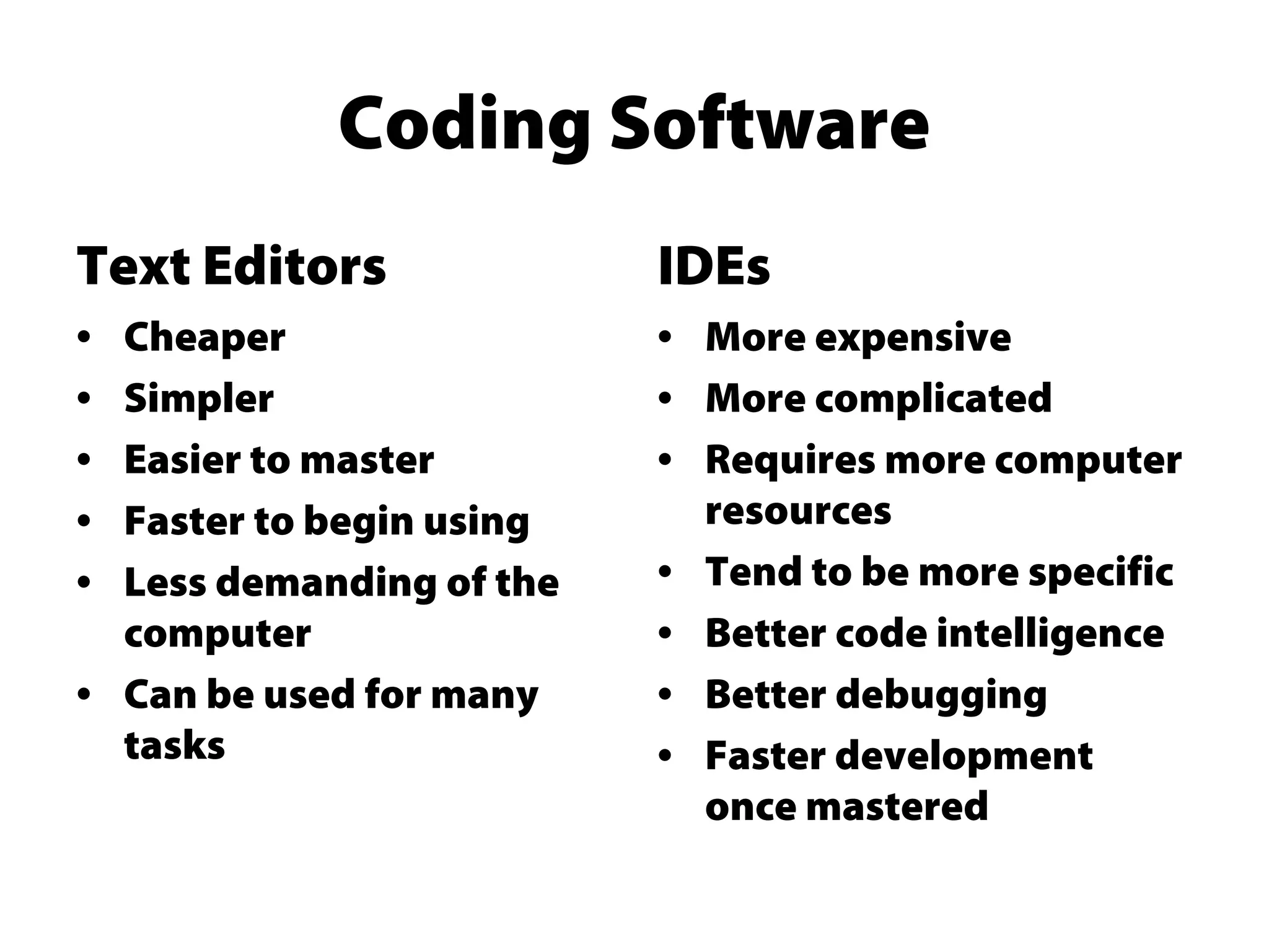 Coding Software
Text Editors
• Cheaper
• Simpler
• Easier to master
• Faster to begin using
• Less demanding of the
computer
• Can be used for many
tasks
IDEs
• More expensive
• More complicated
• Requires more computer
resources
• Tend to be more specific
• Better code intelligence
• Better debugging
• Faster development
once mastered
 