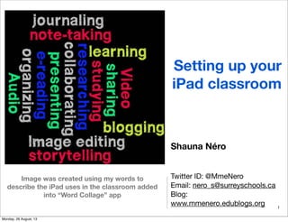 Setting up your
iPad classroom
Shauna Néro
Twitter ID: @MmeNero
Email: nero_s@surreyschools.ca
Blog:
www.mmenero.edublogs.org 1
Image was created using my words to
describe the iPad uses in the classroom added
into “Word Collage” app
Monday, 26 August, 13
 