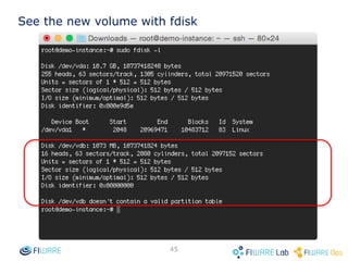 44
FIWARE Lab Cloud Hosting: storage
functionalities
 Create volumes
 Attach volume to servers
 Configure the instance to detect the new volume
 Create containers in the object storage
 Upload objects into your containers
 Object Storage API
 