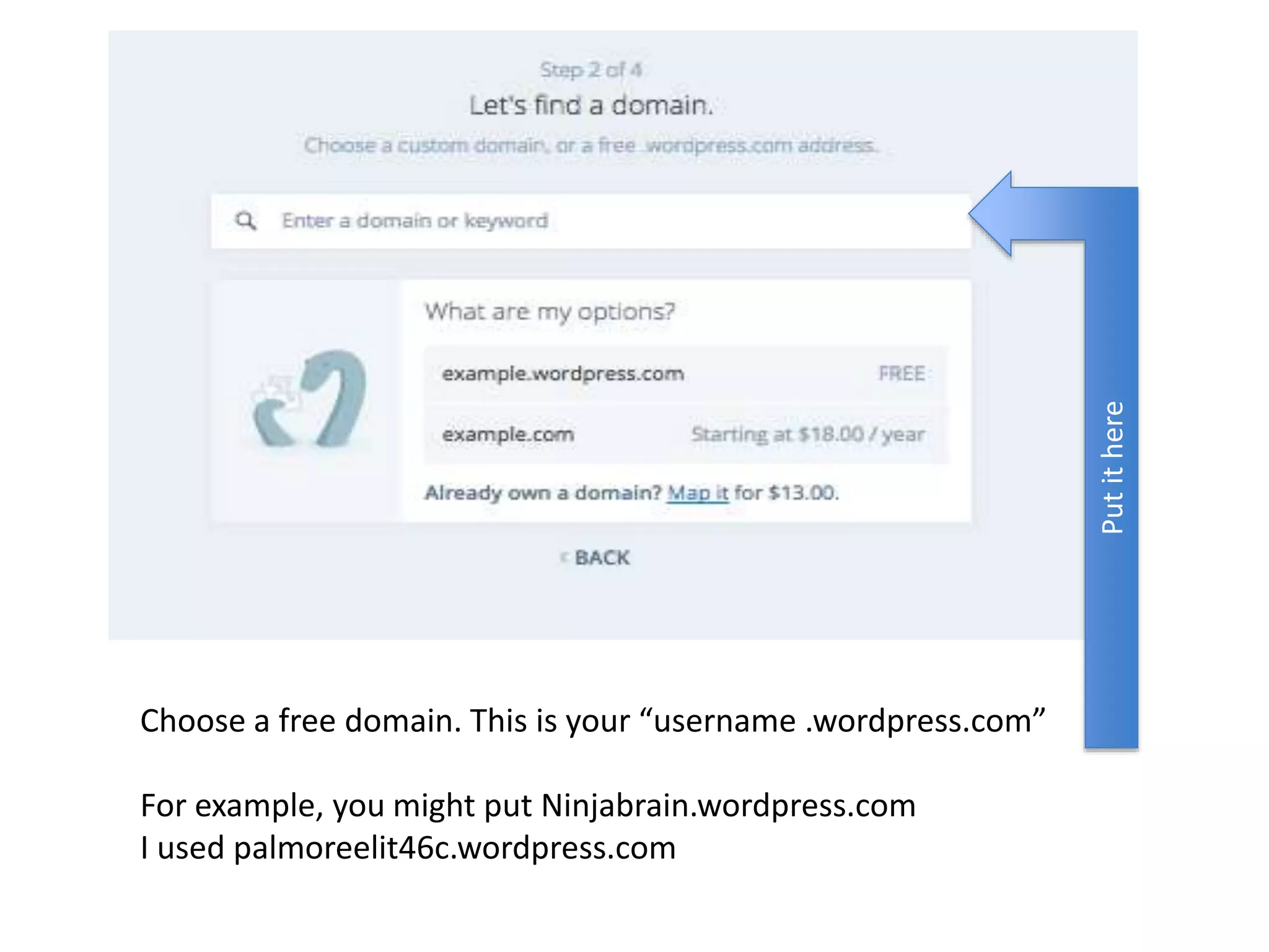 Choose a free domain. This is your “username .wordpress.com”
For example, you might put Ninjabrain.wordpress.com
I used palmoreelit46c.wordpress.com
Putithere