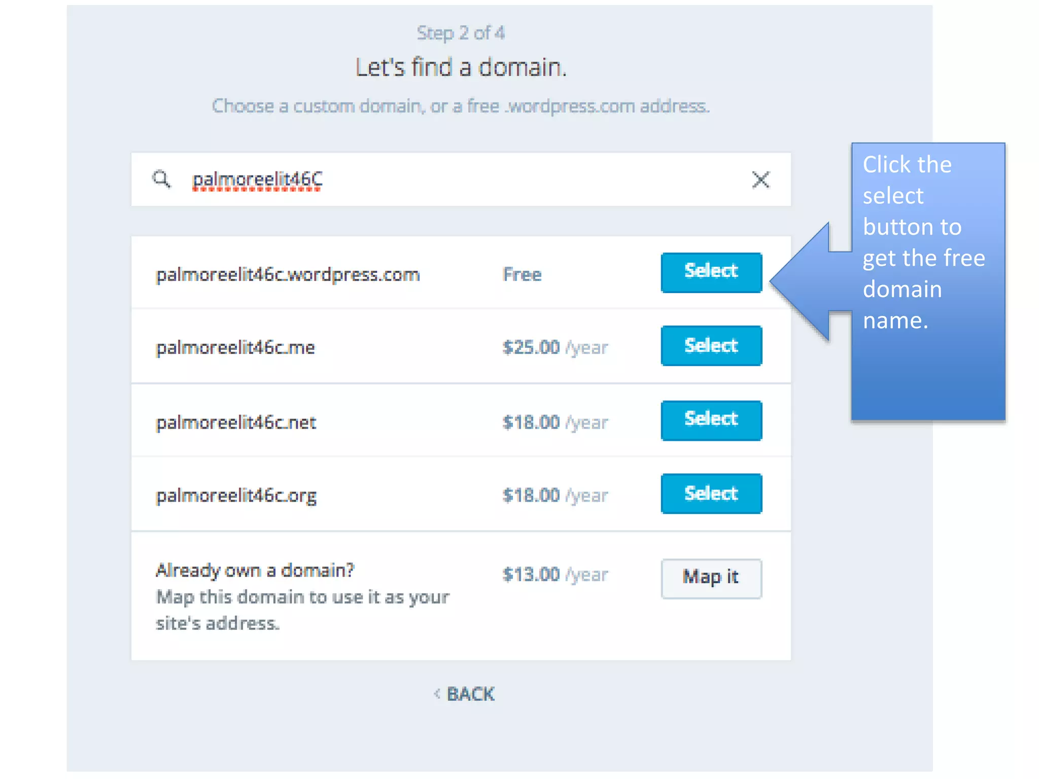 Click the
select
button to
get the free
domain
name.