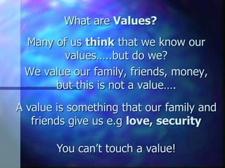 What are Values?
 Many of us think that we know our
        values…..but do we?
 We value our family, friends, money,
      but this is not a value….
A value is something that our family and
   friends give us e.g love, security

        You can’t touch a value!
 