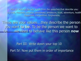 Part II: Pull out the key words from the speeches that describe you:
   e.g love, freedom, security, passionate, ambitious, trust, adventure, health
                      happiness, competitive, forgiveness, …...


These are your values….they describe the person
  you want to be. To be the person we want to
 be…….we need to behave like this person now


            Part III: Write down your top 10

      Part IV: Now put them in order of importance
 