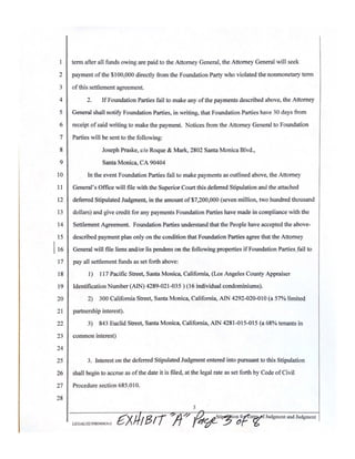 2
3
4
5
6
7
8
9
IO
11
12
13
14
15
I16
17
18
19
20
21
22
23
24
25
26
27
28
term after all funds owing are paid to the Attorney General, the Attorney General will seek
payment ofthe $100,000 directly from the Foundation Party who violated the nonmonetary term
ofthis settlement agreement.
2. IfFoundation Parties fail to make any ofthe payments described above, the Attorney
General shall notify Foundation Parties, in writing, that Foundation Parties have 30 days from
receipt ofsaid writing to make the payment. Notices from the Attorney General to Foundation
Parties will be sent to the following:
Joseph Praske, c/o Roque & Mark, 2802 Santa Monica Blvd.,
Santa Monica, CA 90404
lo the event Foundation Parties fail to make payments as outlined above, the Attorney
General's Office will file with the Superior Court this deferred StipuJation and the attached
deferred Stipulated Judgment, in the amount of$7,200,000 (seven million, two hundred thousand
dollars) and give credit for any payments Foundation Parties have made in compliance with the
Settlement Agreement. Foundation Parties understand that the People have accepted the above-
described payment plan only on the condition that Foundation Parties agree that the Attorney
General will file liens and/or !is pendens on the following properties ifFoundation Parties_fail to
pay all settlement funds as set forth above:
l) 117 Pacific Street, Santa Monica, California, (Los Angeles County Appraiser
Identification Number (AIN) 4289-021-035) (16 individual condominiums).
2) 300 California Street, Santa Monica, California, AIN 4292-020-010 (a 57% limited
partnership interest).
3) 843 Euclid Street, Santa Monica, California, AIN 4281-015-015 (a 68% tenants in
common interest)
3. Interest on the deferred Stipulated Judgment entered into pursuant to this Stipulation
shall begin to accrue as ofthe date it is filed, at the legal rate as set forth by Code ofCivil
Procedure section 685.010.
3
~ -r 7 l'.1.//
LEGAL02/39834963vl e,,X IBI n
 