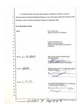 5
10
15
20
25
2
3
4
6
7
8
9
11
12
13
14
16
17
18
19
21
22
23
24
26
27
28
4. Foundation Parties waive the right to appeal, to attempt to set aside or vacate, or
otherwise attack the deferred Stipulated Judgment or any ofits terms entered into pursuant to this
Stipulation unless the deferred Stipulated Judgment is improperly filed.
IT IS SO STIPULATED.
Dated: XAVlER BECERRA
Attorney General ofCalifornia
SANDRA I. B ARRIENTOS
Deputy Attorney General
Attorneysfor the People ofthe State of
California
DATE: ti--LC/-!tJfO THE LITHUANIAN ASSISTANCE
- ' y
:~~
AL ~ S, President
DATE: tJ/J..3/µ; RME Investments LLC, a California Limited
~ I Liability Company
WASHINGTON SHORES LLC, a Delaware
L i m ~ i t e d
Lia~ili o pany ~
By:~~~~~
r­
~~~~--.r=--:J.=---
tv'a.(~ e.
4
f:1' c;~tirt!ti~E~ of Judgment and Judgment
LBGAL021.l9834963vl
­
 