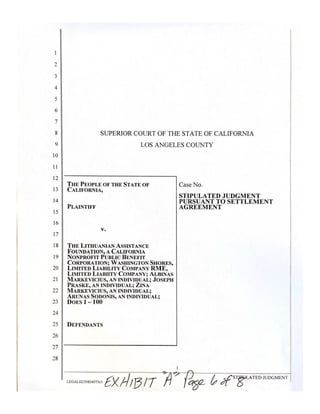 5
10
15
20
25
2
3
4
6
7
8
9
11
12
13
14
16
17
I 8
I 9
21
22
23
24
26
27
28
SUPERIOR COURT OF THE STATE OF CALIFORNIA
LOS ANGELES COUNTY
THE PEOPLE OF THE STATE OF Case No.
CALIFORNIA,
STIPULATED JUDGMENT
PURSUANT TO SETTLEMENT
PLAINTIFF AGREEMENT
v.
THE LITHUANIAN ASSISTANCE
FOUNDATION, A CALIFORNIA
NONPROFIT PUBLIC BENEFIT
CORPORATION; WASHINGTON SHORES,
LIMITED LIABILITY COMPANY RME,
LIMlTED LIABIITY COMPANY; ALBINAS
MA.RKEVICIUS, AN INDIVIDUAL; JOSEPH
PRASKE, AN INDIVIDUAL; ZINA
MA.RKEVICIUS, AN INDIVIDUAL;
A.RUNAS SODONIS, AN INDIVIDUAL;
DOES 1-100
DEFENDANTS
LEGAL02/39834973vl £X1-!/BIT
 