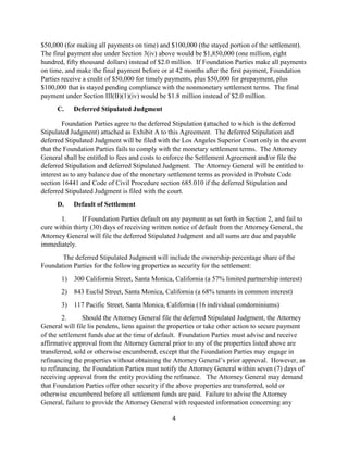 $50,000 (for making all payments on time) and $100,000 (the stayed portion of the settlement).
The final payment due under Section 3(iv) above would be $1,850,000 (one million, eight
hundred, fifty thousand dollars) instead of $2.0 million. If Foundation Parties make all payments
on time, and make the final payment before or at 42 months after the first payment, Foundation
Parties receive a credit of $50,000 for timely payments, plus $50,000 for prepayment, plus
$100,000 that is stayed pending compliance with the nonmonetary settlement terms. The final
payment under Section III(B)(1)(iv) would be $1.8 million instead of $2.0 million.
C. Deferred Stipulated Judgment
Foundation Parties agree to the deferred Stipulation (attached to which is the deferred
Stipulated Judgment) attached as Exhibit A to this Agreement. The deferred Stipulation and
deferred Stipulated Judgment will be filed with the Los Angeles Superior Court only in the event
that the Foundation Parties fails to comply with the monetary settlement terms. The Attorney
General shall be entitled to fees and costs to enforce the Settlement Agreement and/or file the
deferred Stipulation and deferred Stipulated Judgment. The Attorney General will be entitled to
interest as to any balance due of the monetary settlement terms as provided in Probate Code
section 16441 and Code of Civil Procedure section 685.010 if the deferred Stipulation and
deferred Stipulated Judgment is filed with the court.
D. Default of Settlement
1. If Foundation Parties default on any payment as set forth in Section 2, and fail to
cure within thirty (30) days of receiving written notice of default from the Attorney General, the
Attorney General will file the deferred Stipulated Judgment and all sums are due and payable
immediately.
The deferred Stipulated Judgment will include the ownership percentage share of the
Foundation Parties for the following properties as security for the settlement:
1) 300 California Street, Santa Monica, California (a 57% limited partnership interest)
2) 843 Euclid Street, Santa Monica, California (a 68% tenants in common interest)
3) 117 Pacific Street, Santa Monica, California (16 individual condominiums)
2. Should the Attorney General file the deferred Stipulated Judgment, the Attorney
General will file lis pendens, liens against the properties or take other action to secure payment
of the settlement funds due at the time of default. Foundation Parties must advise and receive
affirmative approval from the Attorney General prior to any of the properties listed above are
transferred, sold or otherwise encumbered, except that the Foundation Parties may engage in
refinancing the properties without obtaining the Attorney General’s prior approval. However, as
to refinancing, the Foundation Parties must notify the Attorney General within seven (7) days of
receiving approval from the entity providing the refinance. The Attorney General may demand
that Foundation Parties offer other security if the above properties are transferred, sold or
otherwise encumbered before all settlement funds are paid. Failure to advise the Attorney
General, failure to provide the Attorney General with requested information concerning any
4
 