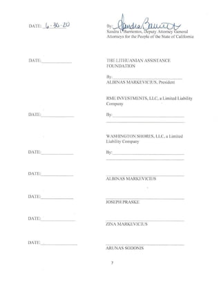 DATE: (p . 7/:) ' lU By•AMdAQ
~ ~
SandraJ.Barricnto; eputy Attorney General
Attorneys for the People or the State of California
DATE:------ THE UTHUANIAN ASSISTANCE
FOUNDATION
By:
------------­
ALBINAS MARKEVlClUS, President
RME fNVESTMENTS, LLC, a Limited Liability
Company
DATE: By:
- - -- - - - - - - - - - - -- - - -
WASHINGTON SHORES, LLC, a Limited
Liability Company
DATE: By:____________ _
- - - - - -
DATE:- - -- --
ALBINAS MARKEVlCfUS
DATE:- - -- --
JOSEPH PRASKE
DATE:- - - - - -
ZINA MARKEVICI US
DATE:- - -
. - - --
ARUNAS SODON!S
7
 