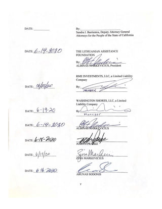 DATE: By:,__________
- - - -
Sandra I. Barrientos, Deputy Attorney General
Attorneys for the People ofthe State ofCalifornia
DATE: 6--lf-~at) THE LITHUANIAN ASSISTANCE
RME , LLC, a Limited Liability
DATE
::mp~
INVESTMENTS
:
;V
A E
WASHINGTON SHORES, LLC, a Limited
Liability Company
DATE: G
-1
q--~()
' r
DATE: 6-I 9-Jl},1,_tJ -
DATE: b'/(-:lo;J?f}
DATE:._fa=-+-
/~
/ q-4--=
/ Z,O
:;.__
I I Z ~
MARKEVICIUS
DATE:
ARUNAS
~
SODONIS
7
 