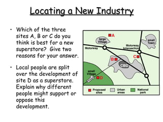 Locating a New Industry Which of the three sites A, B or C do you think is best for a new superstore?  Give two reasons for your answer. Local people are split over the development of site D as a superstore.  Explain why different people might support or oppose this development. 