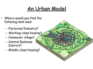 An Urban Model Where would you find the following land uses: Factories/Industry? Working-class housing? Commuter village? Central Business District? Middle-class housing? 