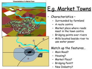 Characteristics –  Surrounded by farmland A route centre Market place where roads meet in the town centre Bridging points over rivers Mills located beside river to use water power Match up the features… Main Road? Housing? Market Place? Bridging Point? New Industry? E.g. Market Towns 