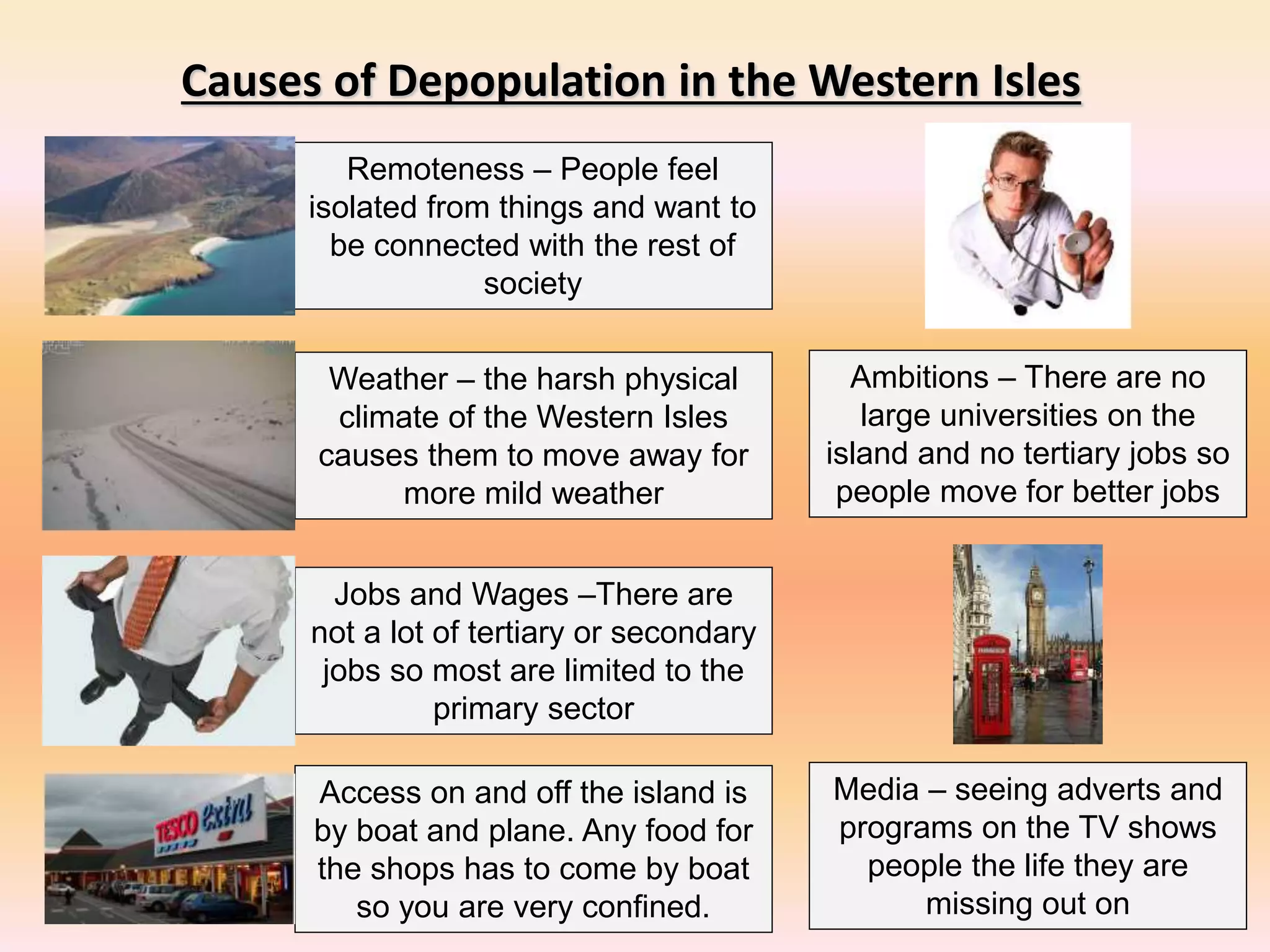 Causes of Depopulation in the Western Isles
Access on and off the island is
by boat and plane. Any food for
the shops has to come by boat
so you are very confined.
Remoteness – People feel
isolated from things and want to
be connected with the rest of
society
Jobs and Wages –There are
not a lot of tertiary or secondary
jobs so most are limited to the
primary sector
Weather – the harsh physical
climate of the Western Isles
causes them to move away for
more mild weather
Ambitions – There are no
large universities on the
island and no tertiary jobs so
people move for better jobs
Media – seeing adverts and
programs on the TV shows
people the life they are
missing out on
 