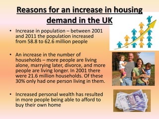 Reasons for an increase in housing
demand in the UK
• Increase in population – between 2001
and 2011 the population increased
from 58.8 to 62.6 million people
• An increase in the number of
households – more people are living
alone, marrying later, divorce, and more
people are living longer. In 2001 there
were 21.6 million households. Of these
30% only had one person living in them.
• Increased personal wealth has resulted
in more people being able to afford to
buy their own home
 