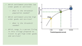 • Which settlement provides low
order goods or services?
• What is the threshold
population needed?
• Which settlement provide high
order goods and services?
• What is the threshold
needed?
• Which range is a person living
in this village prepared to
travel to get high order goods
and services?
 
