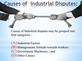 Causes of Industrial disputes may be grouped into
four categories :
(A) Industrial Factors
(B) Managements Attitude towards workers
(C) Government Machinery ; and
(D) Other Causes
 