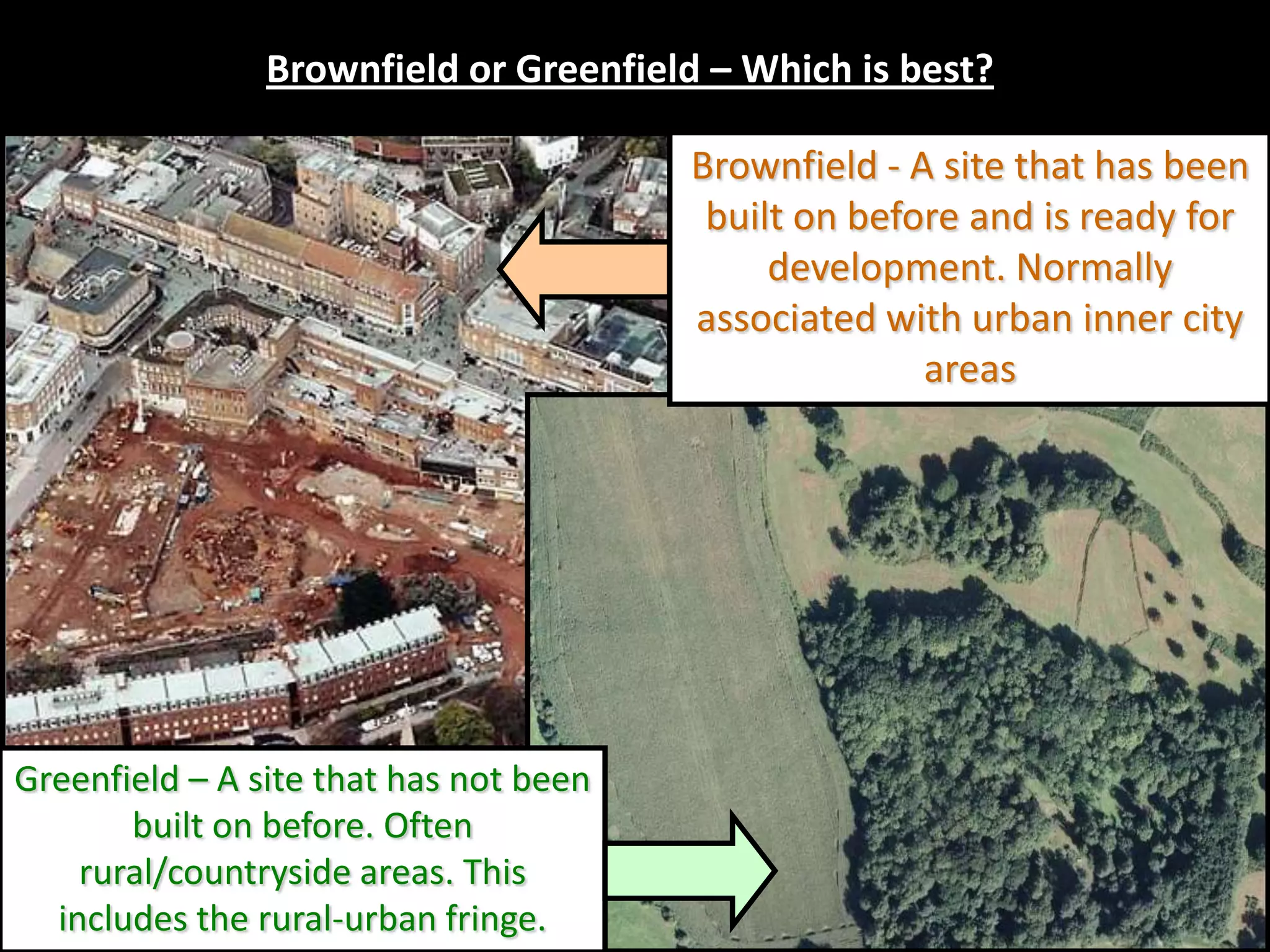 Brownfield or Greenfield – Which is best?

                                        Brownfield - A site that has been
                                         built on before and is ready for
                                             development. Normally
                                        associated with urban inner city
                                                      areas




Greenfield – A site that has not been
       built on before. Often
    rural/countryside areas. This
  includes the rural-urban fringe.
 