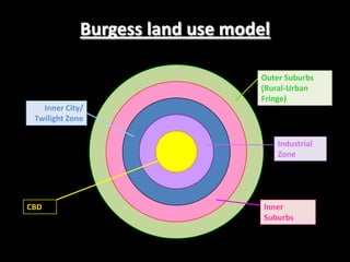 Burgess land use model

                                 Outer Suburbs
                                 (Rural-Urban
                                 Fringe)
   Inner City/
 Twilight Zone

                                      Industrial
                                      Zone




CBD                               Inner
                                  Suburbs
 