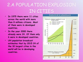 2.A POPULATION EXPLOSION IN CITIES In 1975 there were 11 cities across the world with more than 8 millions citizens. Most of them were in developed countries. In the year 2000 there already were 24. Of them only 6 were in developed countries. UN population broadcast estimates that by 2015 24 of the 30 largest cities in the world will be in developing countries.  What are the factors and consequences of this? 