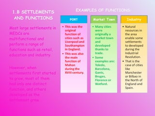 1.B SETTLEMENTS AND FUNCTIONS Most large settlements in MEDCs are multifunctional and perform a range of functions such as retail, education and industry. However, when settlements first started to grow, most of them had only one distinct function, and others developed as the settlement grew. EXAMPLES OF FUNCTIONS: 