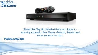 Global Set Top Box Market Research Report -
Industry Analysis, Size, Share, Growth, Trends and
Forecast 2014 to 2021
Published :May 2016
 