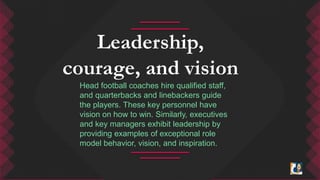 Leadership, 
courage, and vision 
Head football coaches hire qualified staff, 
and quarterbacks and linebackers guide 
the players. These key personnel have 
vision on how to win. Similarly, executives 
and key managers exhibit leadership by 
providing examples of exceptional role 
model behavior, vision, and inspiration. 
 
