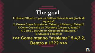 The goal 
1. Qual è l’Obiettivo per un Settore Giovanile nei giochi di 
squadra? 
2. Dove e Come Scoprire un Talento, il Talento, i Talenti? 
3. Come Costruire un Giocatore (persona, atleta)? 
4. Come Costruire un Giocatore di Squadra? 
5. Squadra e Talento! 
>>> Come stanno “assieme” 5,4,3,2, 
Dentro a 1??? <<< 
 