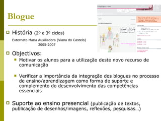 Blogue História  (2º e 3º ciclos)   Externato Maria Auxiliadora (Viana do Castelo) 2005-2007 Objectivos:  Motivar os alunos para a utilização deste novo recurso de comunicação Verificar a importância da integração dos blogues no processo de ensino/aprendizagem como forma de suporte e complemento do desenvolvimento das competências essenciais Suporte ao ensino presencial  (publicação de textos, publicação de desenhos/imagens, reflexões, pesquisas…) 
