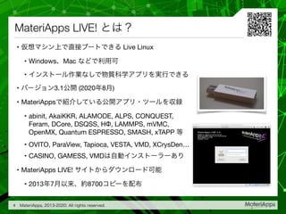 MateriApps LIVE!
• Live Linux

• Windows Mac 

• 

• 3.1 (2020 8 )

• MateriApps 

• abinit, AkaiKKR, ALAMODE, ALPS, CONQUEST, 
Feram, DCore, DSQSS, HΦ, LAMMPS, mVMC,
OpenMX, Quantum ESPRESSO, SMASH, xTAPP 

• OVITO, ParaView, Tapioca, VESTA, VMD, XCrysDen…

• CASINO, GAMESS, VMD 

• MateriApps LIVE! 

• 2013 7 8700
6
 